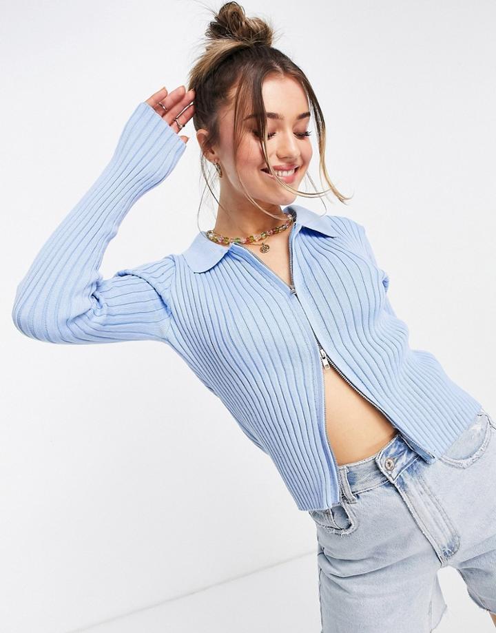 Daisy Street Cardigan With Two Way Zip In Rib Knit-blues