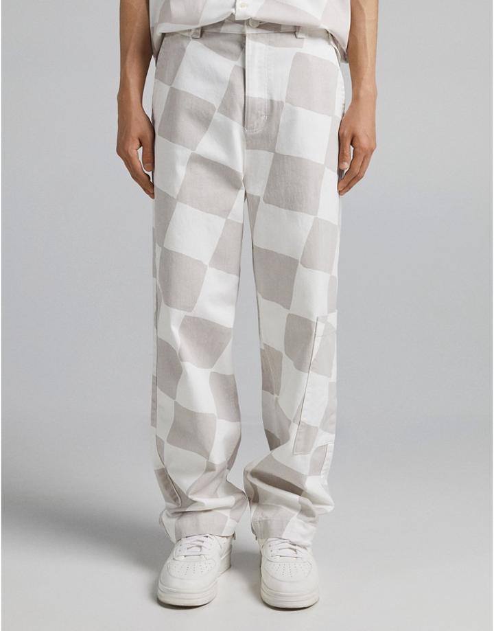 Bershka Checkerboard Print Loose Pants In Sand - Part Of A Set-neutral