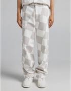 Bershka Checkerboard Print Loose Pants In Sand - Part Of A Set-neutral