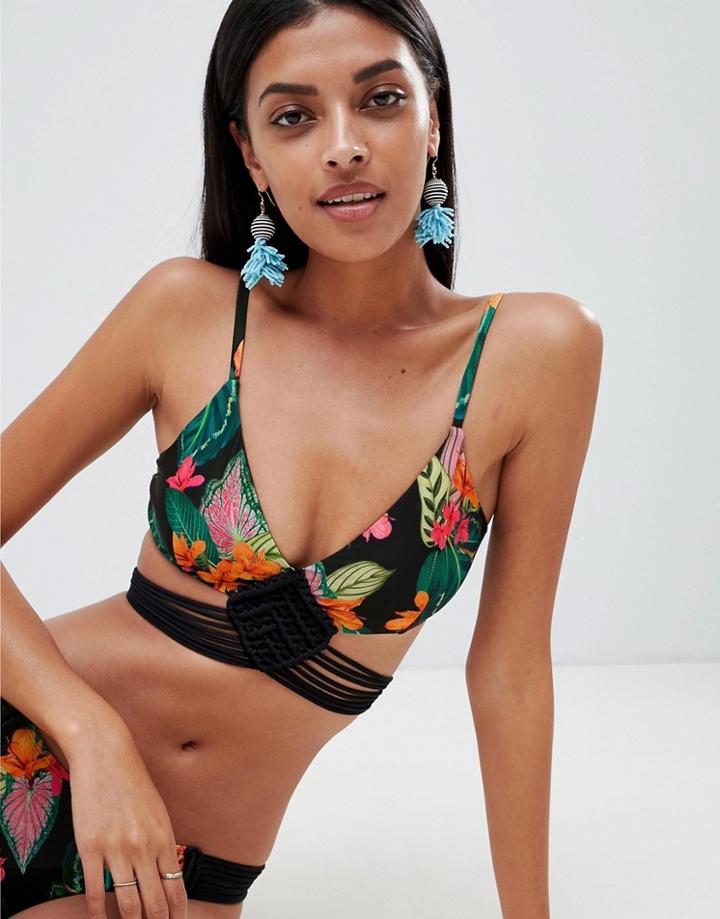 Asos Design Exotic Leaf Print Hand Macrame Triangle Bikini Top-multi