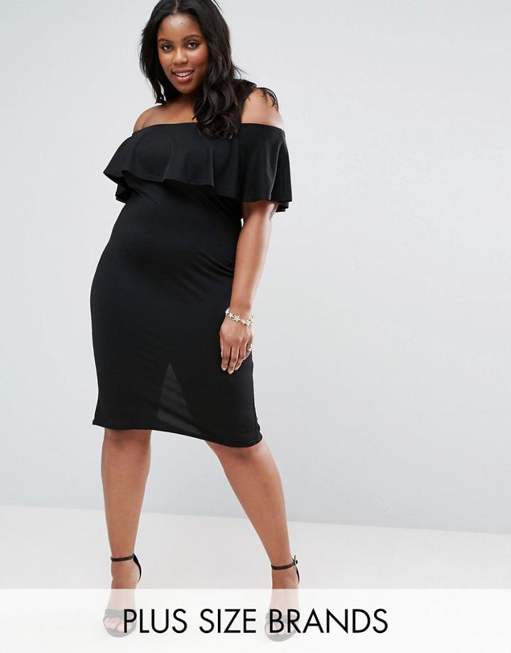 Club L Plus Bardot Dress With Frill Overlay - Black
