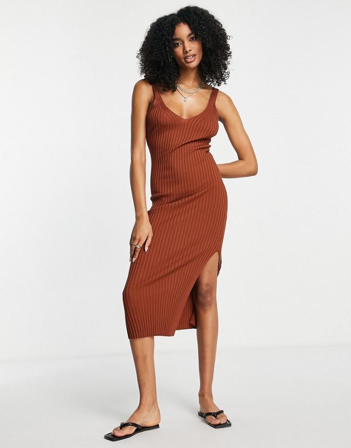 Asos Design Knitted V Neck Cami Midi Dress In Brown