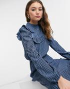 New Look Tiered Hem Midi Dress In Blue Check-blues