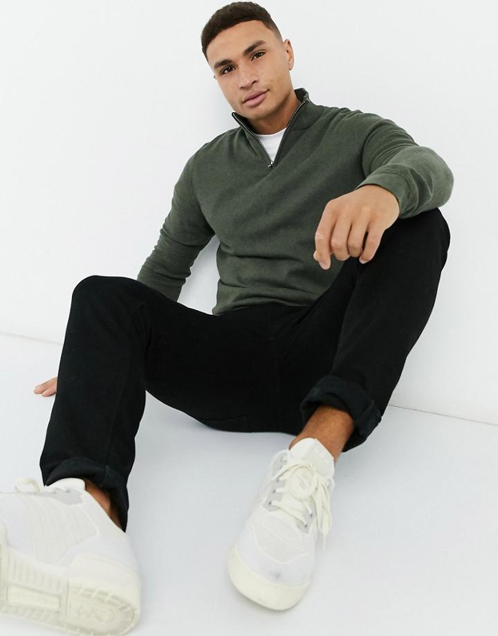 Topman Knitted Half Zip Turtle Neck Sweater In Green