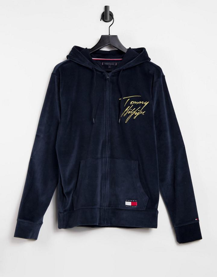 Tommy Hilfiger Lounge Velour Hoodie In Navy With Gold Script Logo