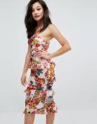 Prettylittlething Floral Tiered Ruffle Midi Dress - Multi