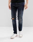 Just Junkies Tapered Jeans In Dark Wash With Abrasions - Blue