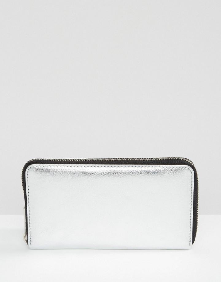 Asos Metallic Leather Zip Around Purse - Silver