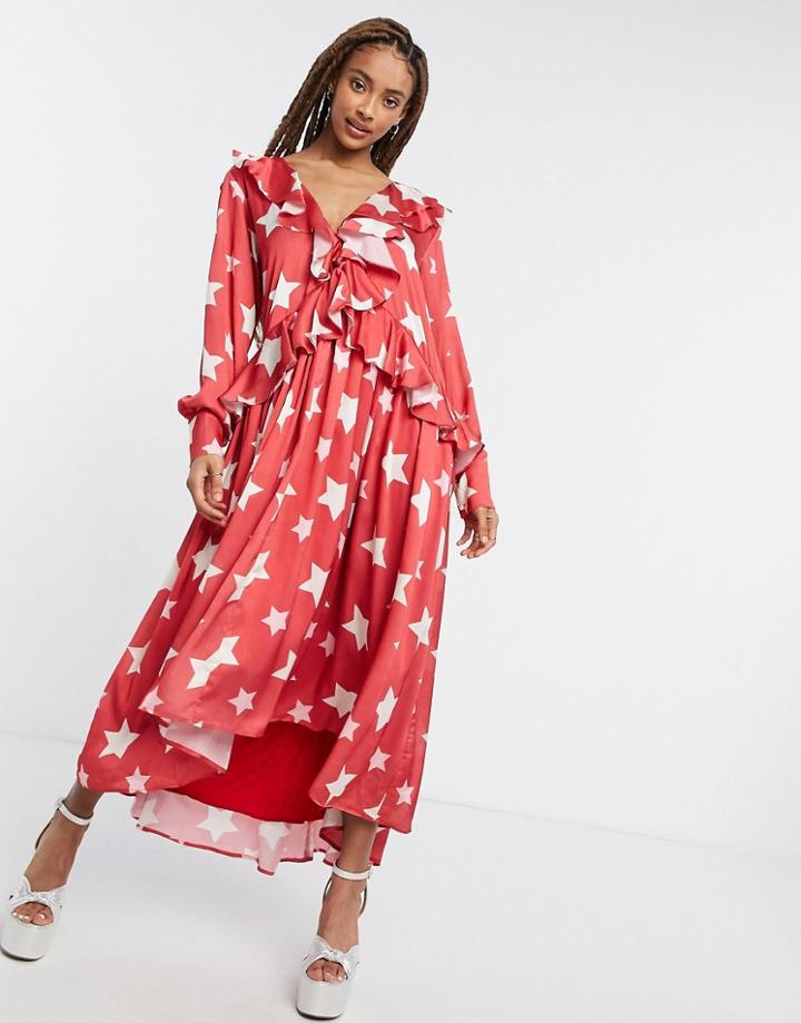 Sister Jane Midi Ruffle Dress With Full Skirt In Red Star Print