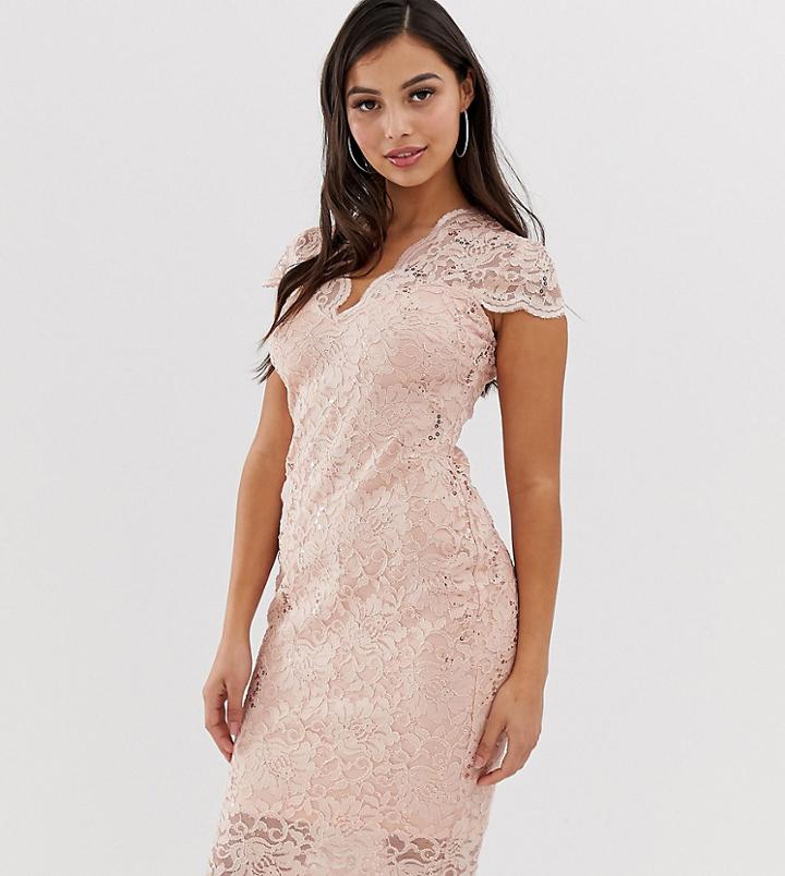 Flounce London Petite Scalloped Sequin Lace Midi Dress With Cap Sleeve In Soft Pink - Pink