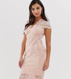 Flounce London Petite Scalloped Sequin Lace Midi Dress With Cap Sleeve In Soft Pink - Pink