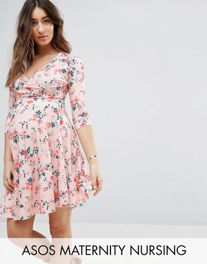 Asos Maternity Nursing Wrap Dress In Nude Base Disty Floral - Pink