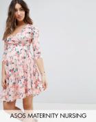 Asos Maternity Nursing Wrap Dress In Nude Base Disty Floral - Pink