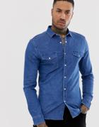 Asos Design Skinny Western Denim Shirt In Mid Wash-blue