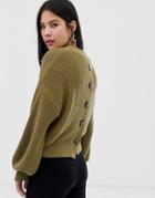 Monki Knitted Sweater With Button Back Detail In Khaki - Green