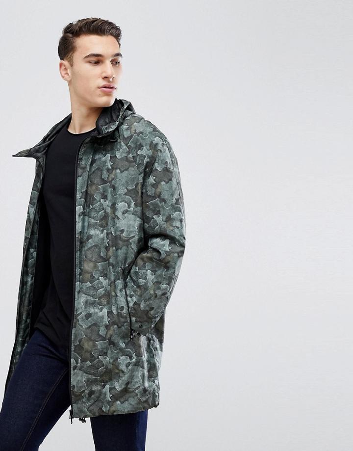 Stradivarius Hooded Jacket In Green Camo - Multi