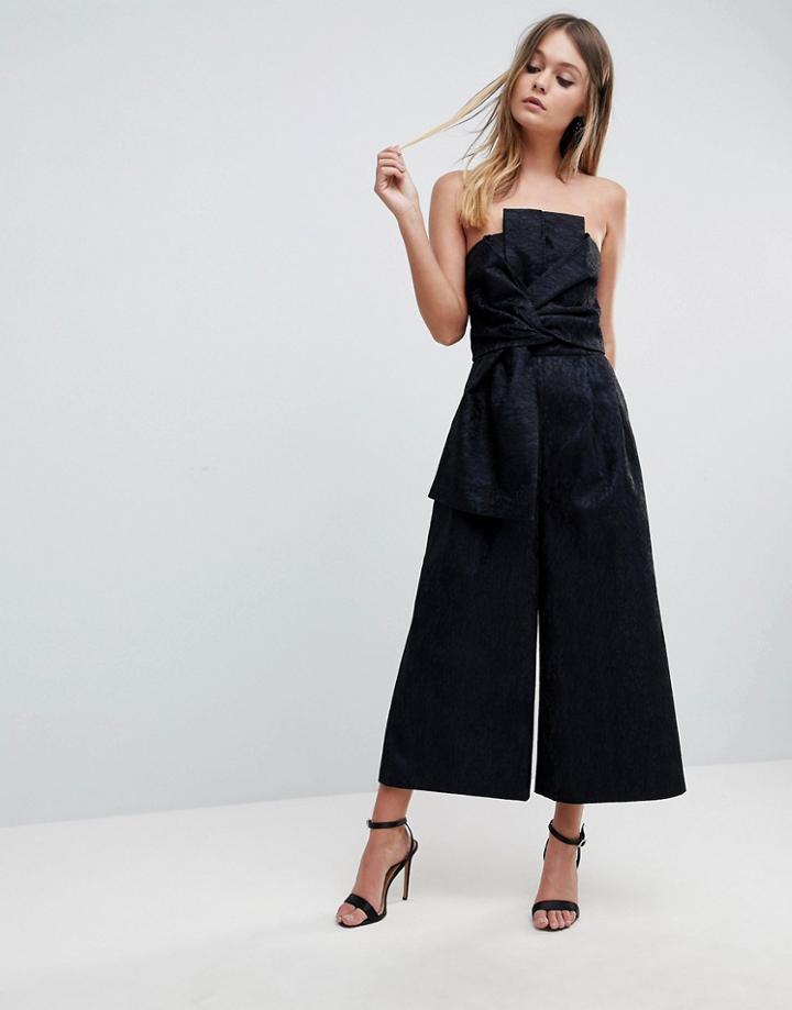 Asos Jumpsuit In Bonded Lace With Knot Front And Drape Detail - Navy