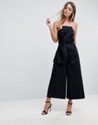 Asos Jumpsuit In Bonded Lace With Knot Front And Drape Detail - Navy