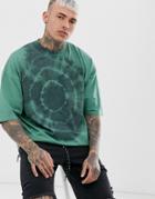 Asos Design Oversized T-shirt With Half Sleeve With Green Spiral Tie Dye Wash In Heavyweight Jersey - Green