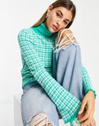 Asos Design Roll Neck Sweater In Gingham Pattern In Green