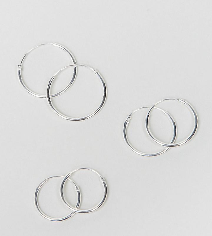 Asos Pack Of 3 Sterling Silver Hoop Earrings - Silver