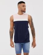 Asos Design Relaxed Sleeveless T-shirt With Dropped Armhole And Color Block In Navy - Navy