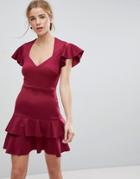 Asos Scuba Mini V Neck Dress With Ruffles - Red
