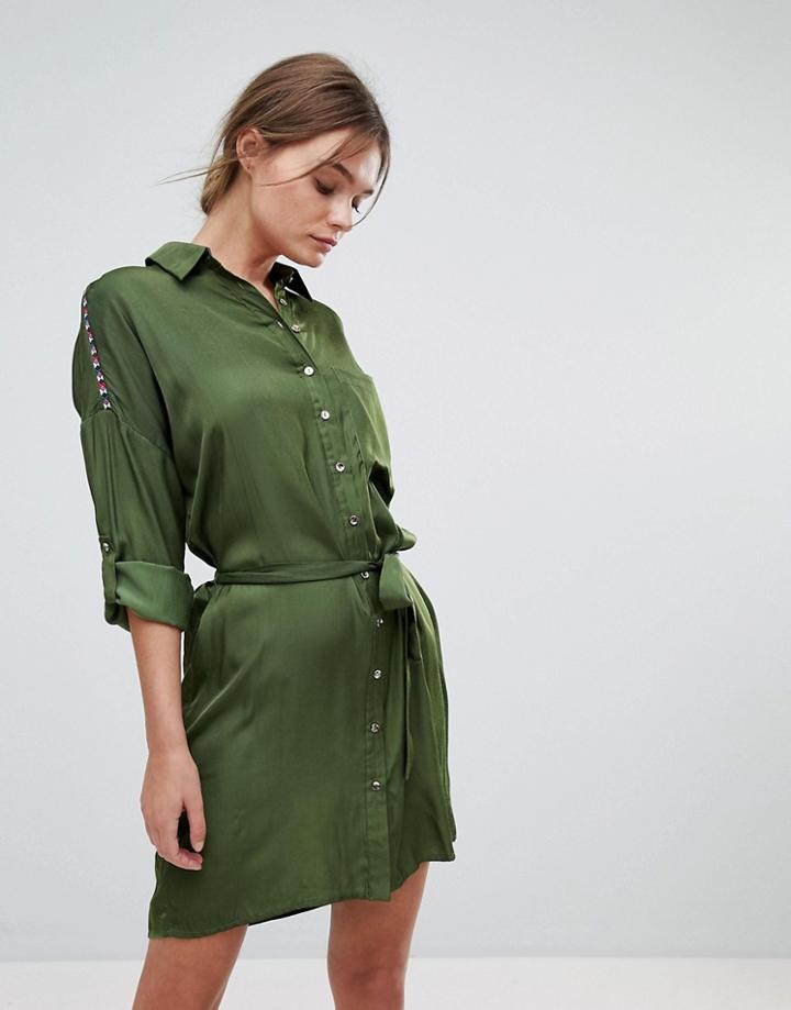 Liquorish Belted Shirt Dress - Green