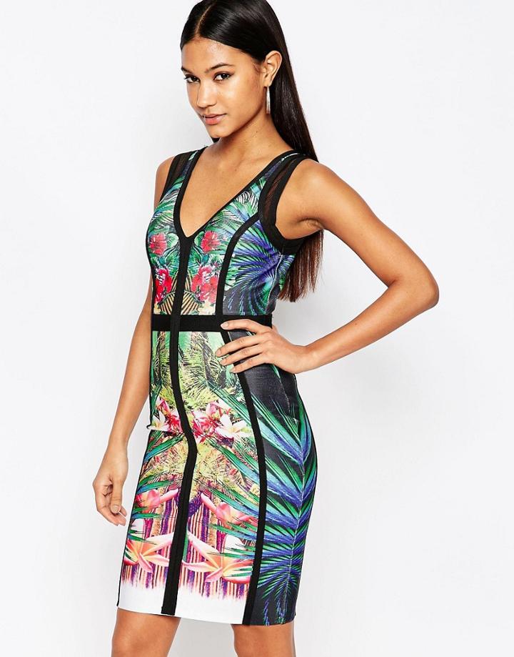 Wow Couture Tropical Print Bandage Midi Dress - Multi