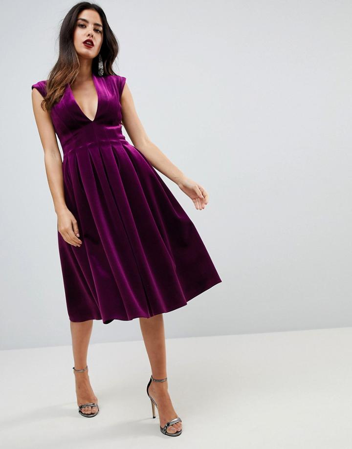 Asos Deep Plunge Bonded Velvet Prom Midi Dress - Purple