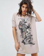 Religion T-shirt Dress In Floral Skeleton Print - Gray