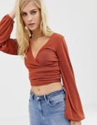 Asos Design Wrap Top With Bell Sleeve In Slinky - Brown