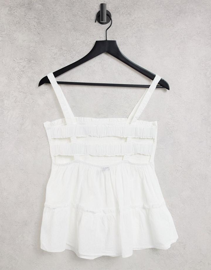 Asos Design Shirred Sun Top With Strap Back Detail In Ivory-white