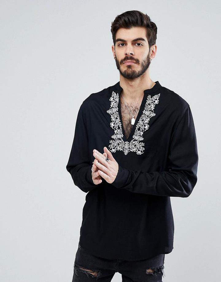 Asos Regular Fit Over The Head Shirt With Neck Embroidery - Black