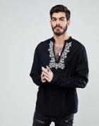 Asos Regular Fit Over The Head Shirt With Neck Embroidery - Black