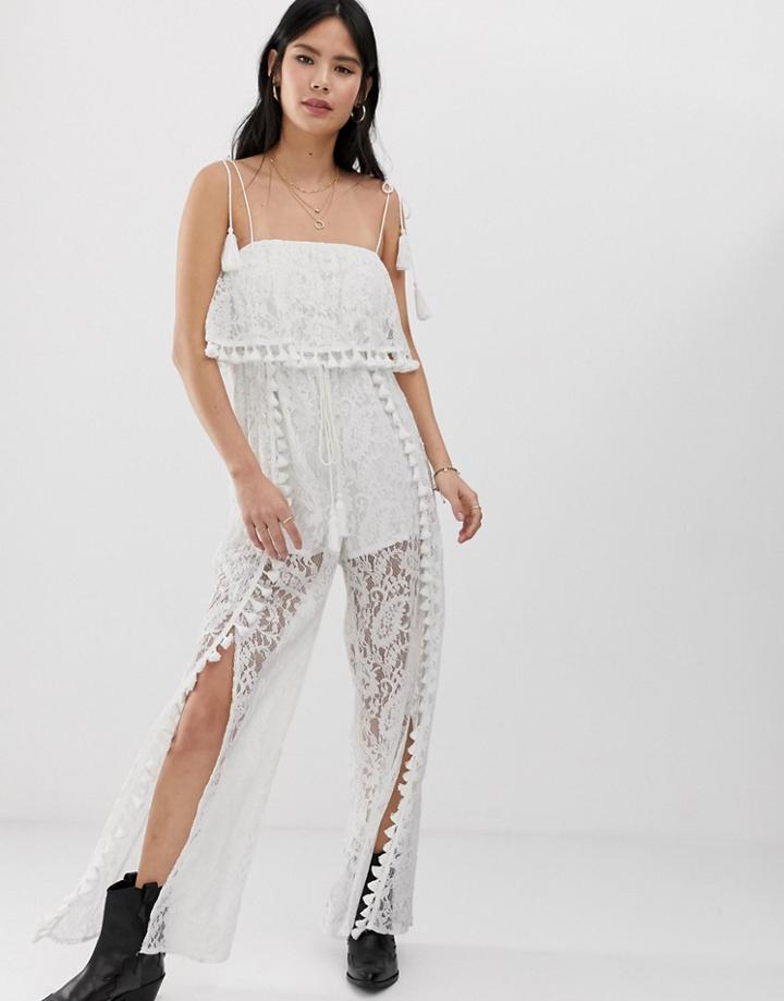 Kiss The Sky Split Leg Jumpsuit In Lace With Tassle Detail-white