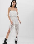 Kiss The Sky Split Leg Jumpsuit In Lace With Tassle Detail-white