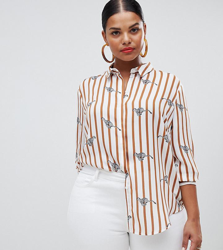 Asos Design Curve Stripe Shirt In Cheetah Print - Multi