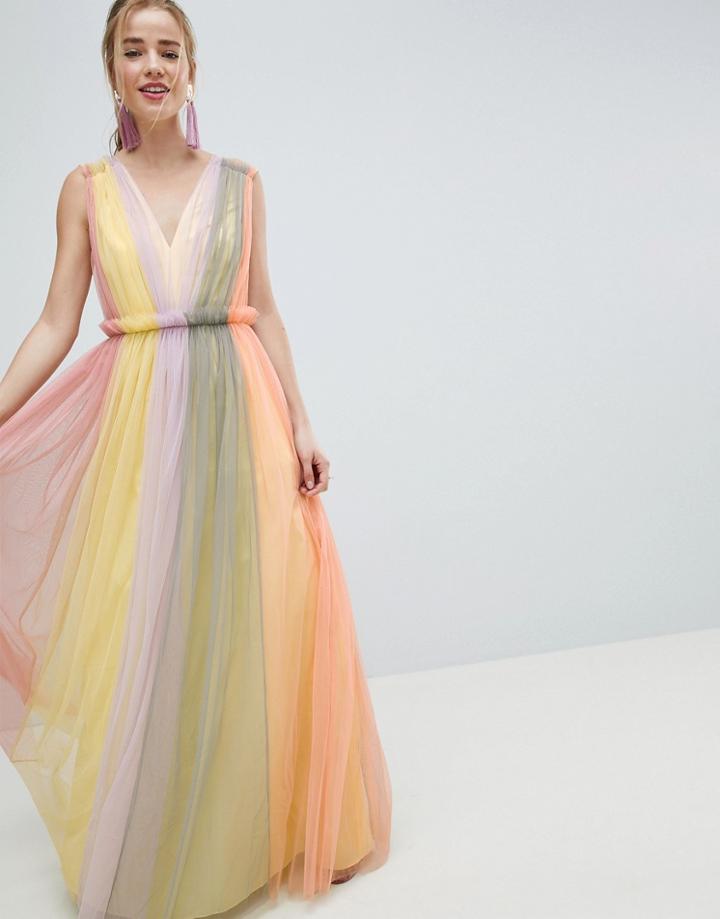 Asos Design Tulle Maxi Dress In Pastel Color Block - Multi