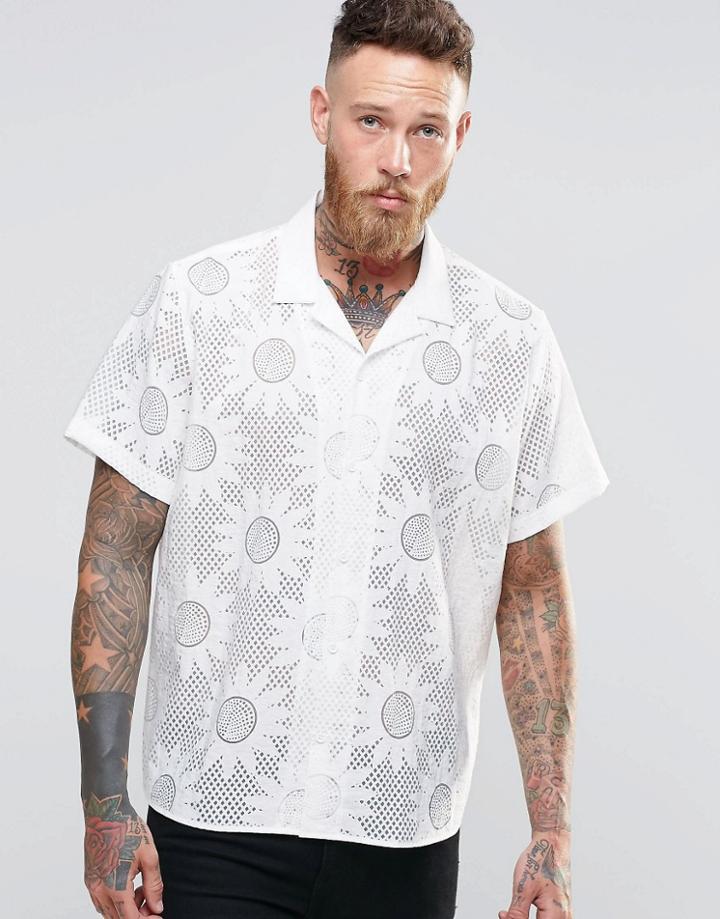 Asos White Shirt In Burntout Flower Print With Revere Collar In Regular Fit - White