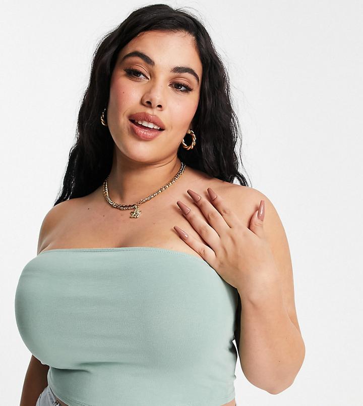 Asos Design Curve Ultimate Bandeau Crop Top In Organic Cotton In Khaki-green