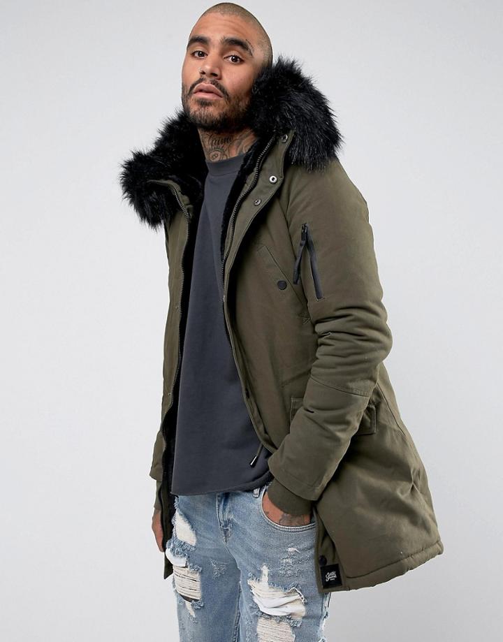 Sixth June Parka Jacket In Khaki With Faux Fur Hood - Green