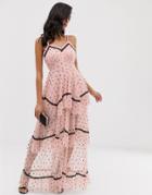 Lace & Beads Tiered Maxi Dress In Spot Mesh With Black Contrast Piping - Pink