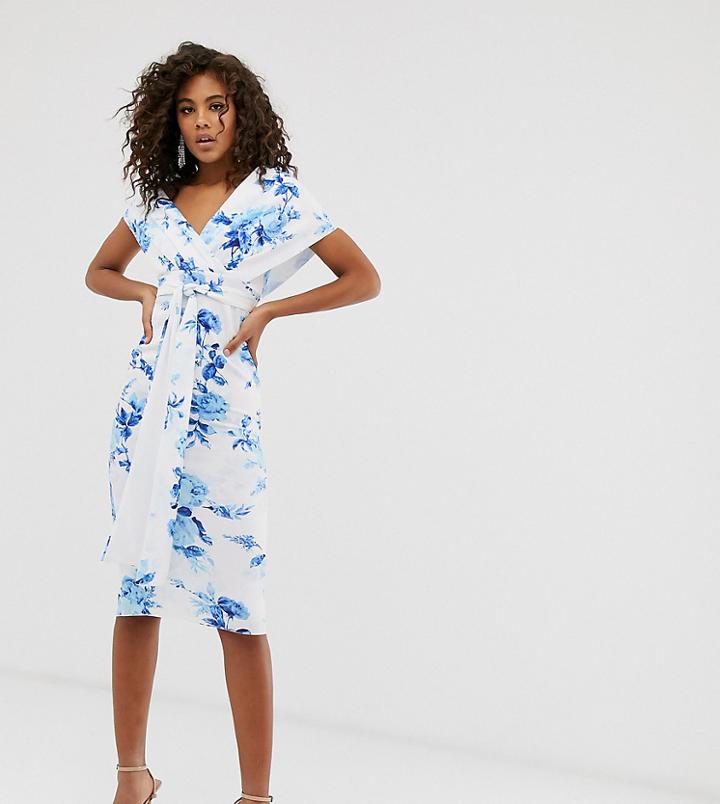 Asos Design Tall Fallen Shoulder Midi Pencil Dress With Tie Detail In Blue Floral-multi
