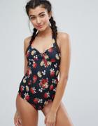 Monki Dark Floral Sweetheart Swimsuit - Multi