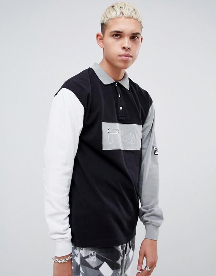 Fila X Liam Hodges Long Sleeve Contrast Block Polo Shirt In Black - Black