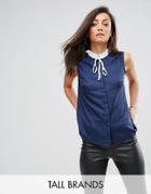 Fashion Union Tall Sleeveless Blouse With Ribbon Tie Pleated Collar - Navy