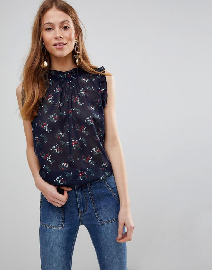 Qed London High Neck Sleeveless Floral Top With Frills - White