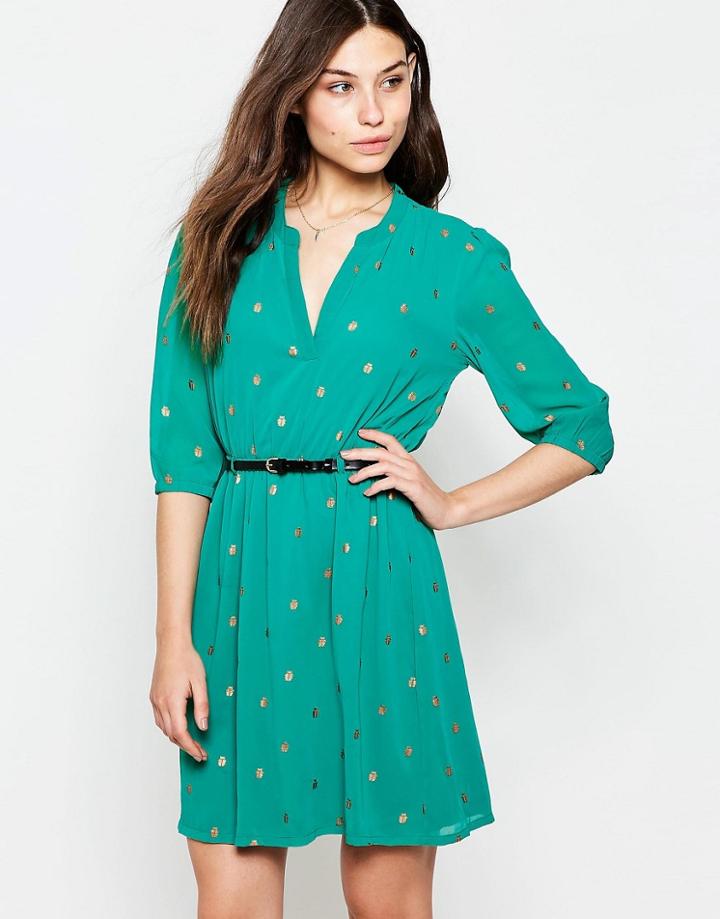 Yumi Belted Dress With 3/4 Sleeve In Bug Foil Print - Green