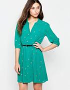Yumi Belted Dress With 3/4 Sleeve In Bug Foil Print - Green